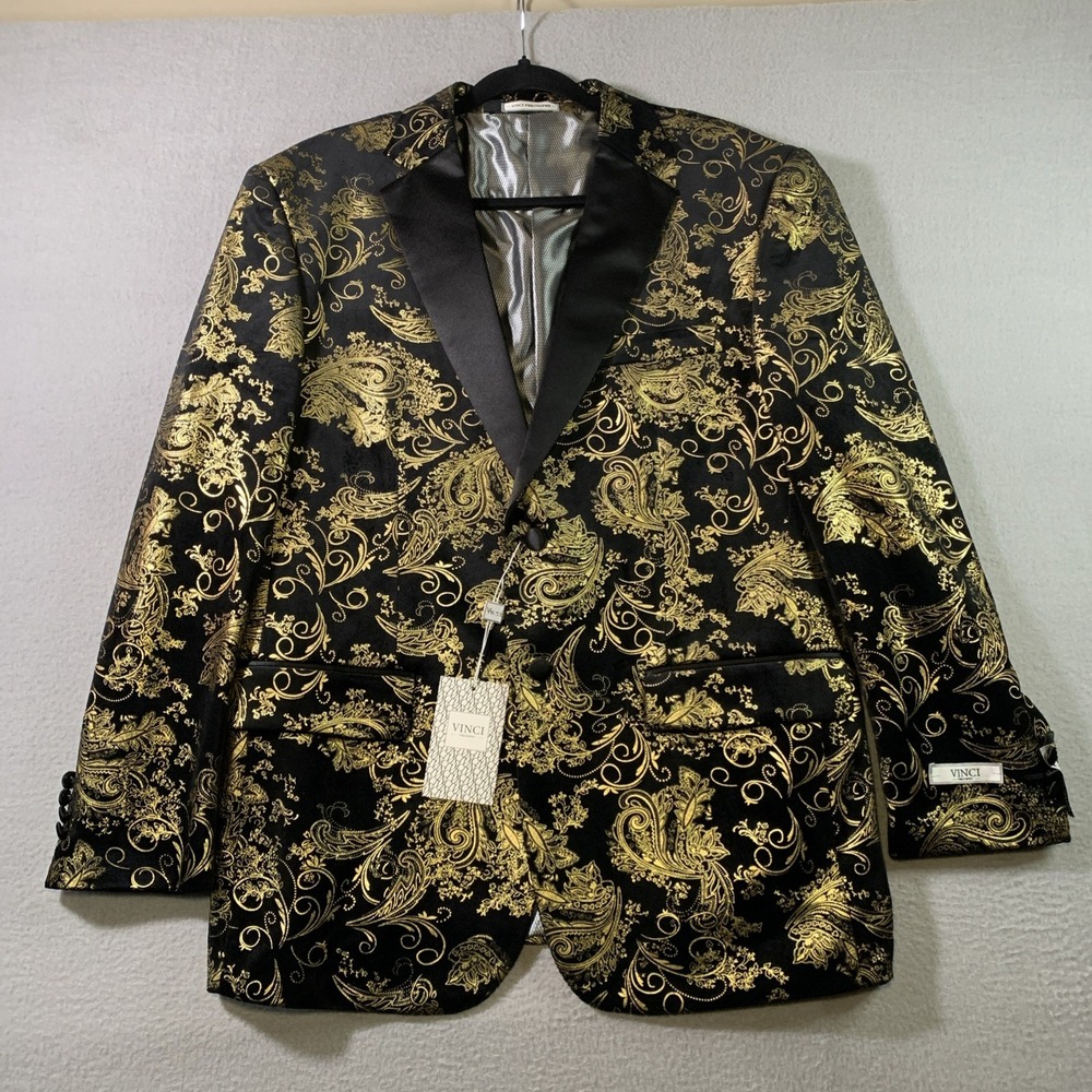 VINCI Men's Gold & Black Paisley Embossed Modern Fit Tuxedo Dinner Jacket NEW L